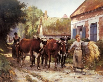 Ganado Vaca Toro Painting - El regreso de los campos vida en la granja Realismo Julien Dupre